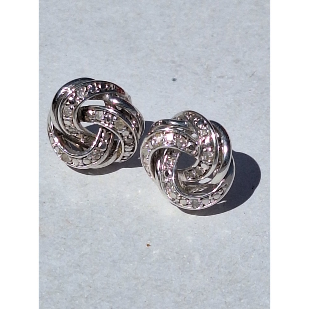 Sterling Silver 925 Love Knot Stud Earrings Pave Accents Silver Tone